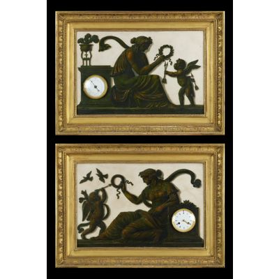 Pair of Empire Trompe l’Oeil paintings with a clock and barometer, Piat Joseph Sauvage