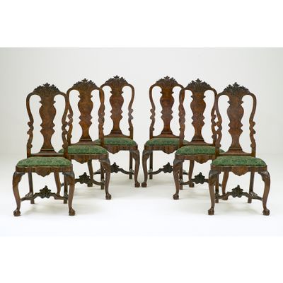 Six Dutch Louis XV Carved Burr Walnut Chairs