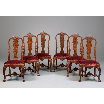 Six Dutch Louis XV Carved Walnut Chairs