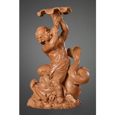 Vlaamse Terracotta sculptuur van Triton op een Dolfijn