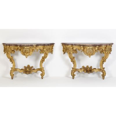 Pair of German Louis XV Giltwood Console Tables