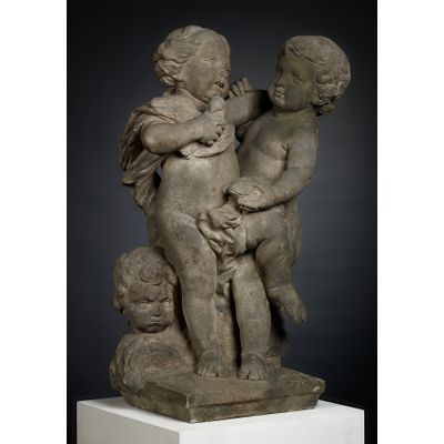 Hollands Zandstenen Louis XIV Tuinbeeld van Twee Putti