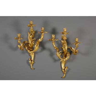 Paar grote drie-armige Franse Louis XV-stijl appliques