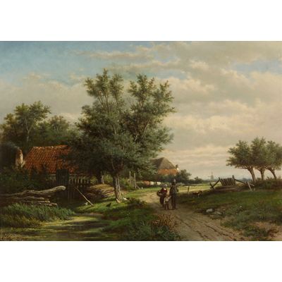 Man, vrouw en kind op een pad nabij boerderijen