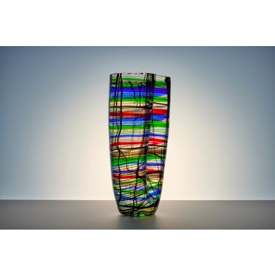 Lino Tagliapietra (Murano 1934), Notte del Redentore, clear glass vase with multi-coloured horizontal and vertical glass threads