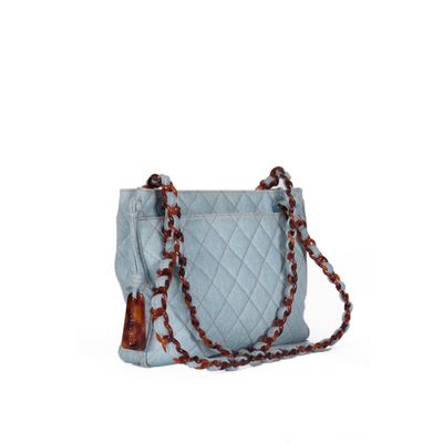 Chanel Blue Denim Quilted Tortoise Chain Shoulder Bag 