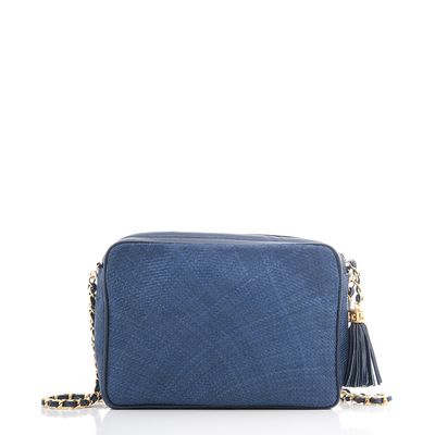Chanel Vintage Navy Blue Straw Camera Tassel Bag