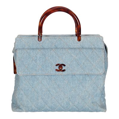 Chanel Blue Denim Quilted Tortoise Handle Handbag