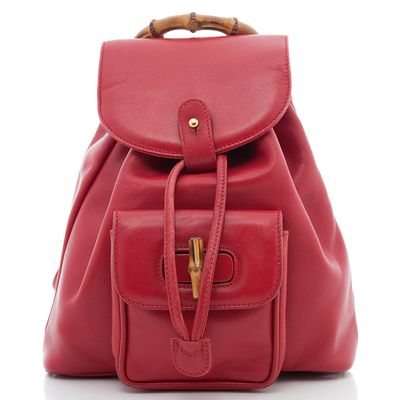 Gucci Red Leather Drawstring Bamboo Handle Backpack