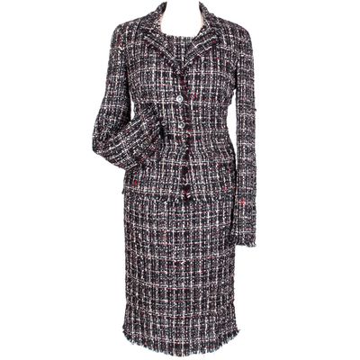 Chanel Red Black White Tweed Skirt Suit