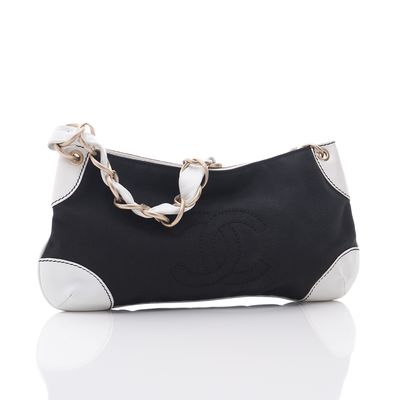 Chanel Black Canvas & White Leather Shoulder Bag