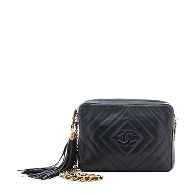 Chanel 'Camera Bag' in Black Chevron Quilted Leather Tassel