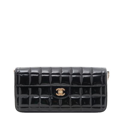 Chanel 'East West' Flap Bag in Black Quilted Patent Leather