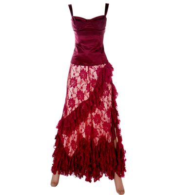 John Galliano Burgundy Ruffle Lace Maxi Skirt with Bustier