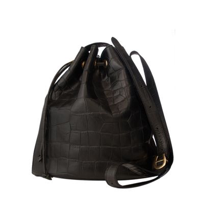 Etienne Aigner Black Leather Croc-Embossed Bucket Bag