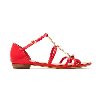 Red Chanel Patent Leather Braided Gripoix Stone Sandals