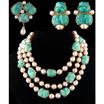 Yves Saint Laurent 1986 Couture Turquoise Beads and Baroque Pearl Gold Parure