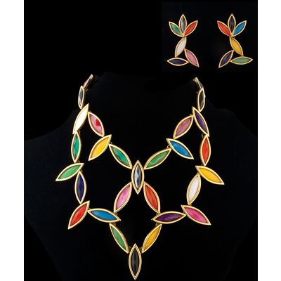 Multicolor Enamel Rhinestone Geometric Earrings and Necklace