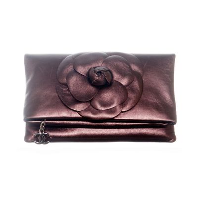 Chanel Bronze Leather Camellia Foldover Clutch