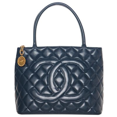 Vintage Chanel Navy Blue Caviar Quilted Medallion Tote