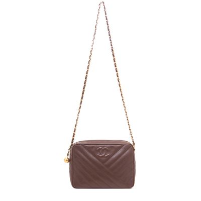 Chanel Brown Caviar Chevron Quilted Camera Bag