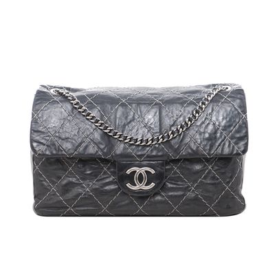 Chanel Black Glazed Goatskin Contrast Double Stitch Flap Bag