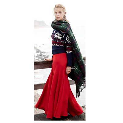 Ralph Lauren Red Silk Satin Full Length Drawstring Maxi Skirt