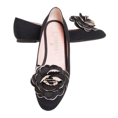 Chanel Black Satin Camellia Ballet Flats
