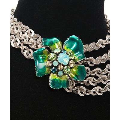 Philippe Ferrandis Silver Chain Green Flower Choker Necklace