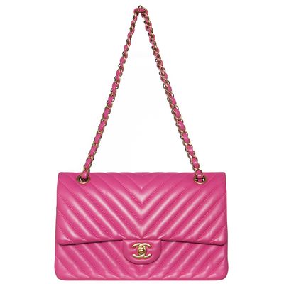Chanel Pink Quilted Chevron Leather Classic Medium Double Flap Bag