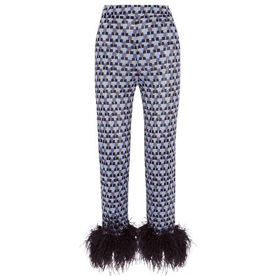 Prada Feather-Trimmed Printed Crepe De Chine Straight-Leg Pants