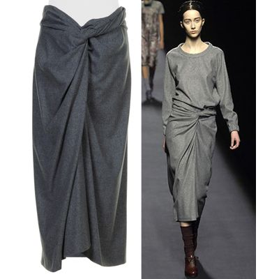 Fall 2007 Dries Van Noten Runway Grey Wool Draped Skirt