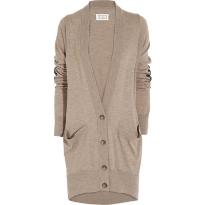 Maison Margiela Leather-detailed Taupe Wool Cardigan