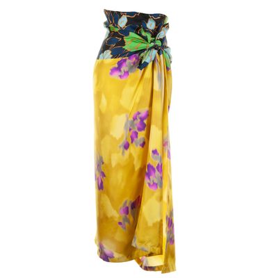 SS 2008 Dries Van Noten Yellow Printed Satin-Twill Wrap Midi Skirt