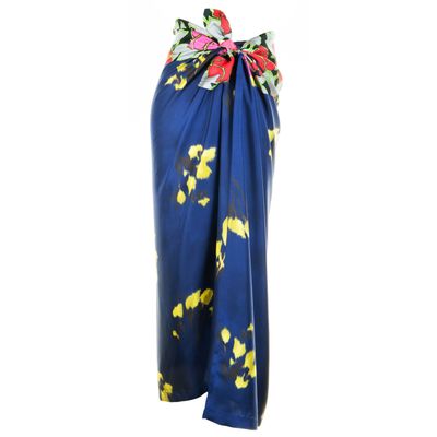 SS 2008 Dries Van Noten Blue Printed Satin-Twill Wrap Midi Skirt