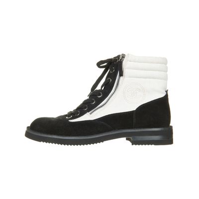 Chanel 15c Suede Canvas Cruise Cc Lace Up Short Combat Boots