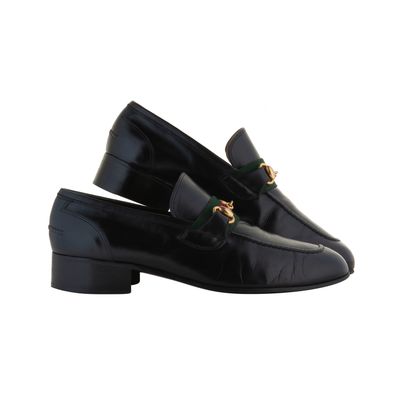 Gucci 1980's Black Leather Loafers with Green-Red Web Stripe - Horsebit