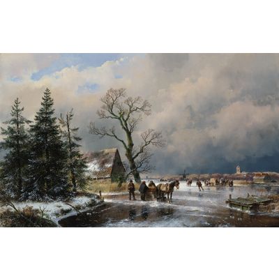 Schaatsvolk en trekslede op een bevroren vaart