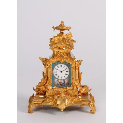 A miniature French Napoleon III Sèvres mounted gilt bronze mantel timepiece, circa 1870