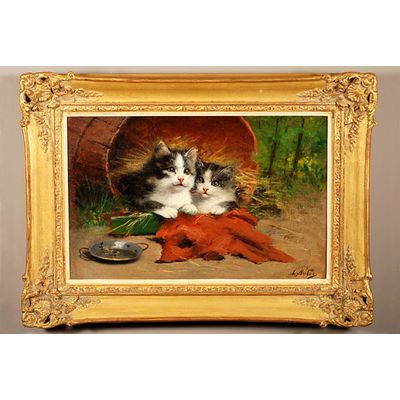 'Een poes en een kitten' (olie op doek) door Léon-Charles Huber (1858-1928), omstreeks 1880