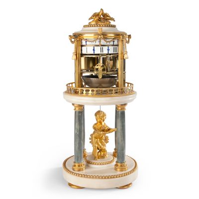 Een mooie Franse Lodewijk XVI marmeren 'cercles tournants' pendule met verguld bronzen monturen, door Barancourt, omstreeks 1780