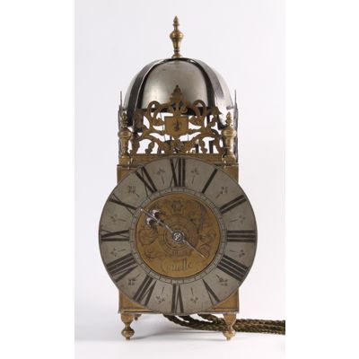 A French iron and brass alarm lantern clock, by Rouelle, circa 1725