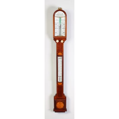 A good English mahogany marquetry inlaid stick barometer, J. Hicks London