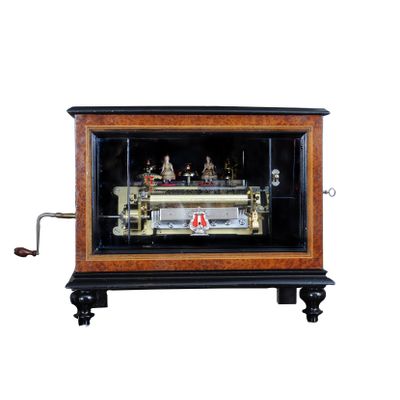 A Swiss amboyna 'bells-in-sight' cylinder music box with animated dancers, circa 1880