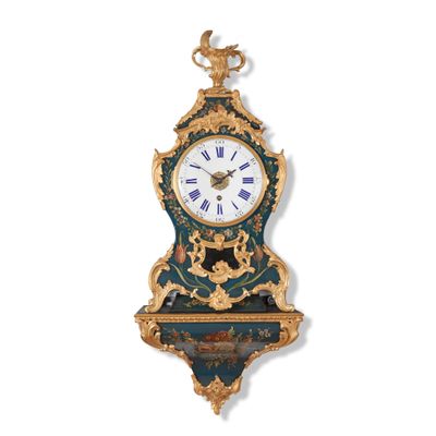 A French Louis XV ormolu-mounted 'vernis Martin' bracket clock on wall bracket, circa 1760