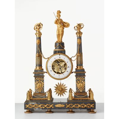 A French Louis XVI grey marble mantel clock by Cellier, circa 1770