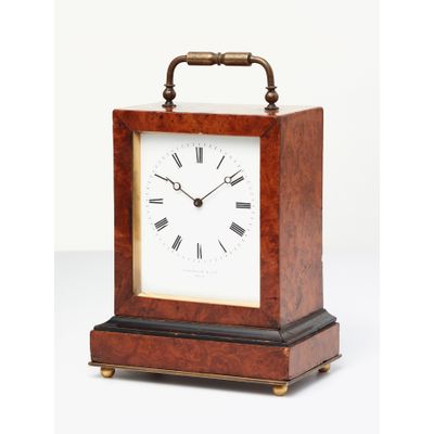 An elegant French burr-walnut ‘time-piece’ travelling clock, circa 1840