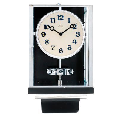 W35  Large nickel plated Art Deco J. L. Reutter Wall Hanging Three-Glass Atmos Clock.