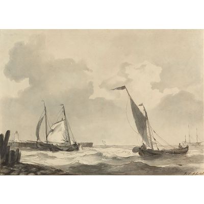 P45 Fishing boats near the shore - Signed l.r. J.C. Schotel - Pen in brown, ink in black/brown, and grey wash on paper on cardboard