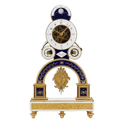 S20 Directoire ormolu and enamel pendule squelette, the movement by Nicolas-Alexandre Folin, enamel by Georges-Adrien Merlet,